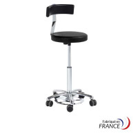 Tabouret noir commande pied avec dossier assise Ø360 mm - H 530 / 720 mm